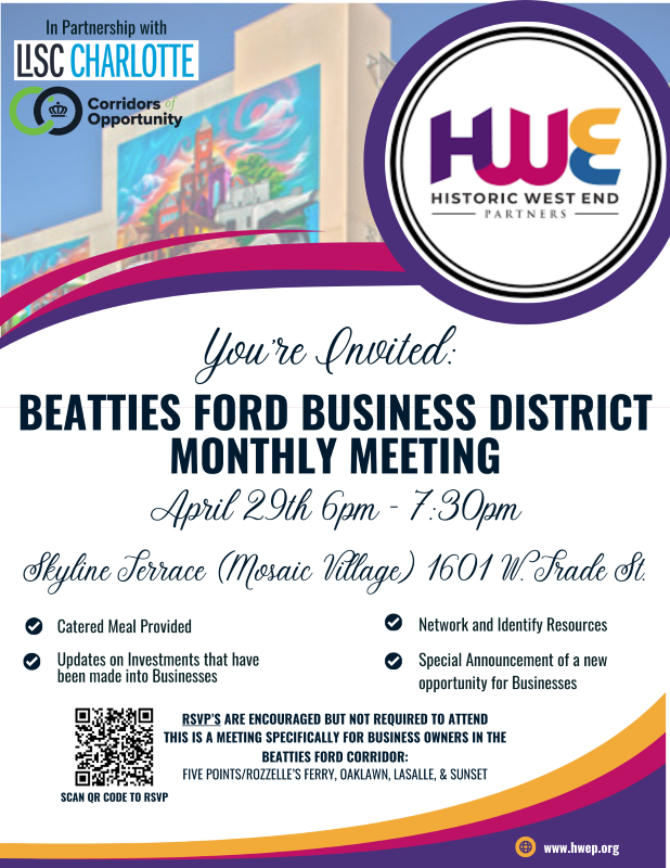 You're Invited: Beatties Ford Business District Monthly Meeting - April 29, 2024 | 7:30 pm