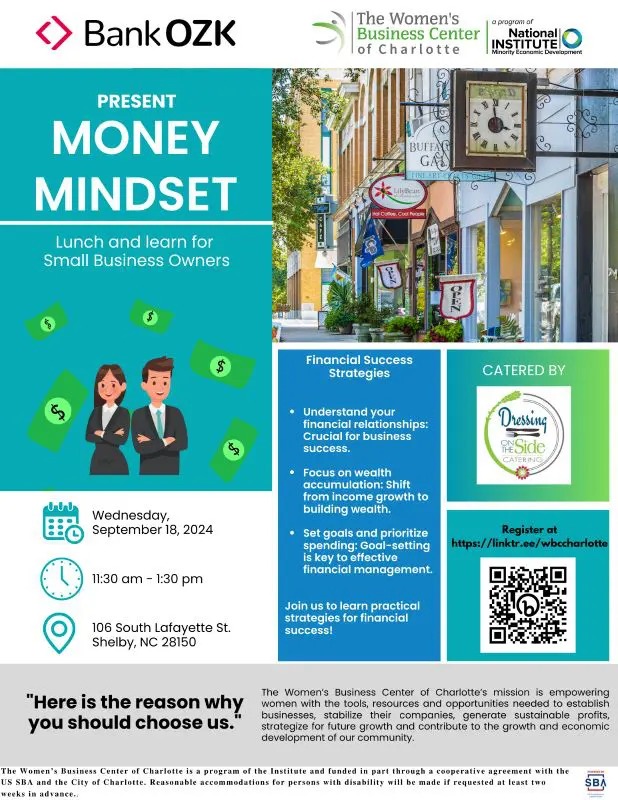 Money Mindset Lunch & Learn for Small Business Owners | Wednesday, September 18, 2024, 11:30 am - 1:30 pm | 106 South Lafayette St., Shelby, NC 28150